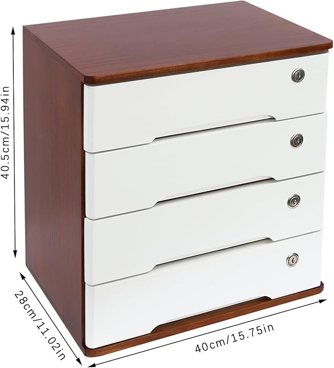 Wooden Desk Organizer with Drawers & Lock Desktop Storage Cabinet Tabletop Organizing Unit for Home Office Supplies File Stationery Jewelry (Dark Brown, 4 Tiers)