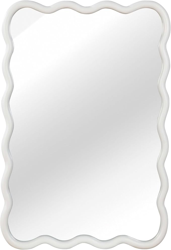 36x24 Inch Wooden Wavy Rectangle Wall Mirror, Modern Solid Wood Frame Decorative Accent Mirror for Bedroom, Bathroom, Living Room, Entryway, White