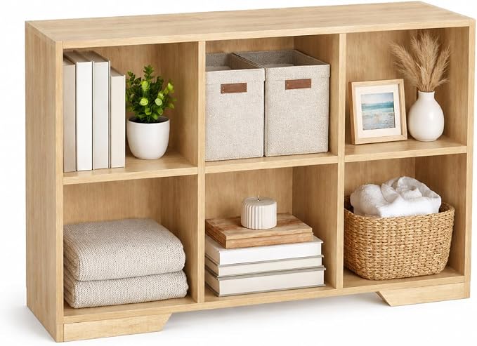 6 Cube Storage Organizer Wooden Bookshelf, Cube Shelf Bookcase, Small Bookshelf Storage Organizer, Narrow Cube Storage Shelf for Bedroom, Small Bookshelf for Living Room and Office (Natural, 6 Cube)