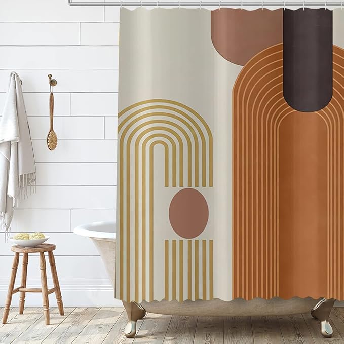 Mid Century Modern Shower Curtain, Boho Brown Abstract Arch Geometric Machine Washable Waterproof Stall for Bathroom Bathtub with Hooks 60Wx72H