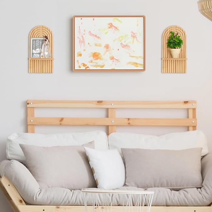 Boho Shelf Wall Decor - Bohemian Floating Shelves for Nursery Bedroom Living Room Aesthetic Hanging Shelf Modern Rainbow Wall Candle Holder (Natural)