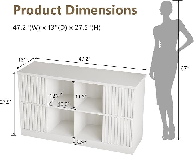 Einhomn 8 Cube Storage Organizer with Sliding Doors, Modern Fluted Bookshelf with Storage Cabinet, Wooden Bookcase with 4 Open Shelves for Living Room, Home Office, Bedroom, White