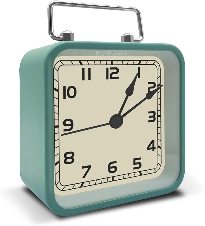 Rohome Small Alarm Clock, Retro Silent Quartz Movement with Night Light, Decorative Vintage Non Ticking Clock for Living Room, Office, Desk, Bedroom, Bedside, Hotel, Shelf, Nightstand (Light Blue)