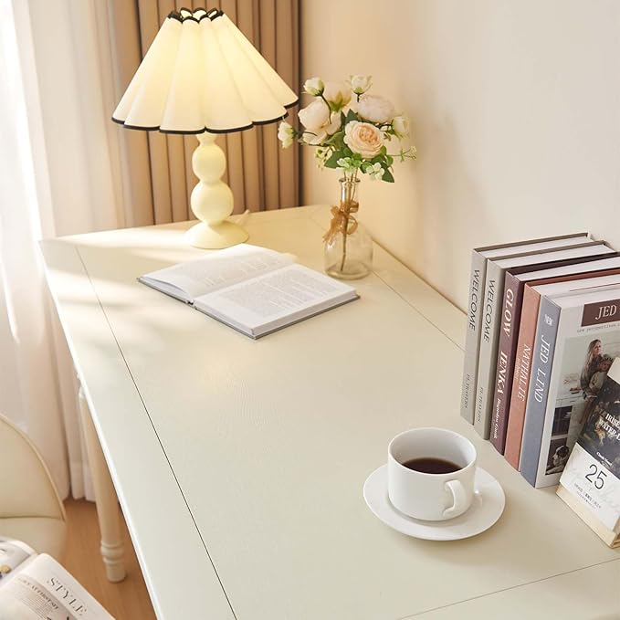 White Writing Desks with Drawers, 35" Solid Wood French Country Style Computer Desk for Home Office, Living Room Study or Workspace