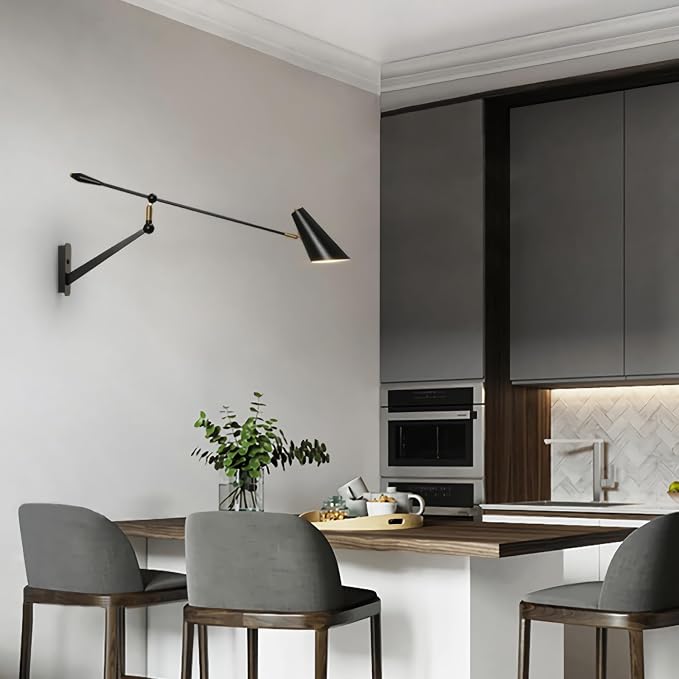 Adjustable Directional Plug in wall Light Swing arm, Unique Long Pole wall Lamps for Living Room Sofa Background Wall, Movable Retro Style Dining Table Large wall Mount lamp, E26 Base