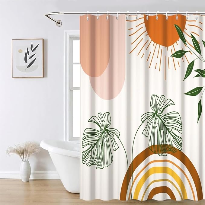 Mid Century Boho Shower Curtain for Bathroom Green Leaves Red Sun Arch Stripes Shower Curtains Modern Bohemian Abstract Bathroom Decor Set Washable Waterproof Polyester Fabric with Hooks 69x70 Inch