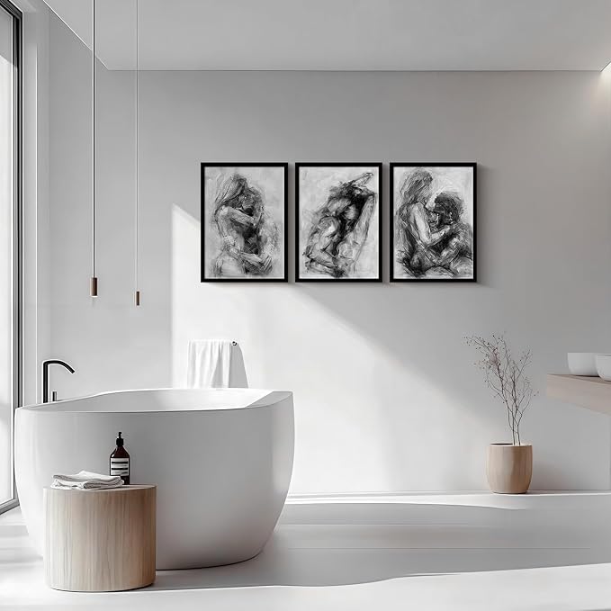 3Pcs Framed Black and White Canvas Wall Art Abstract Nude Prints Couple Modern Gallery Style Painting Pen sketch Posters Decorations Bedroom Living Room Bathroom 12x16 Inch Ready to Hang