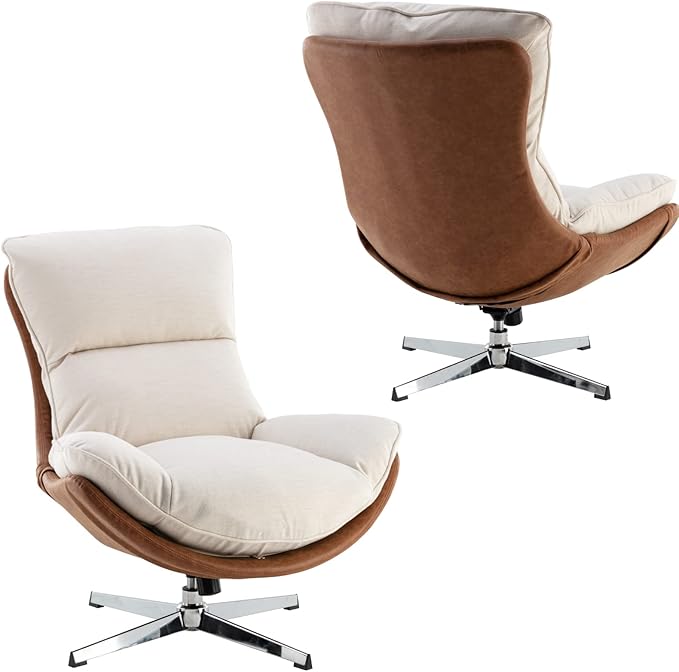 LukeAlon Linen Swivel Lounge Chairs Set of 2, Upholstered High Back Accent Chairs with Metal Base Comfy Recliner Chair Modern Single Sofa Chair for Living Room Office, Beige