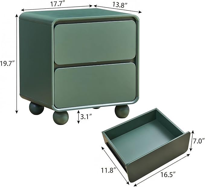AVZEAR Modern 2 Drawer Dresser, 2 Drawer Nightstand Small Wooden Dresser Chest of Drawers, Handle Free & Curved Profile Design Sofa End Table for Living Room, Nursery, Green
