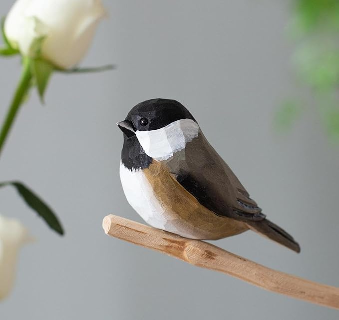 Handmade Black-Capped Chickadee Bird Figurine, Wooden Black-Capped Chickadee Carving, Unique Small Bird Statue for Home Décor or Collectible Gift