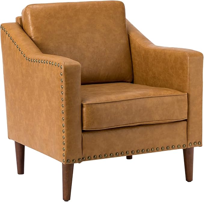 HULALA HOME Faux Leather Accent Armchairs Set of 2 with Back & Seat Cushions, Traditional Club Chairs with Nailhead Trim, Comfy Upholstered Sofa Chairs for Living Room Bedroom, Camel