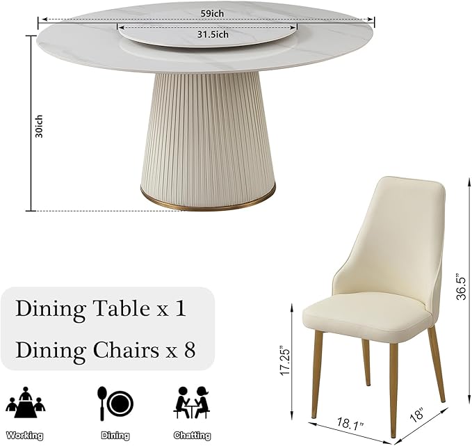 Leavader 9PCS Round Dining Table Set, Marble White Modern Dining Table, 59" D Sintered Stone Dining Table for 8 with Lazy Susan, Circle Kitchen Table and Chairs Set for Dining Room Table