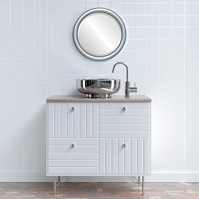 OVALCREST Round Wooden Beveled Wall Mirror for Home Decor, Bathroom, Vanity, Bedroom, Living Room, Hallway - Silver Shade - 20x20 Outside Dimensions