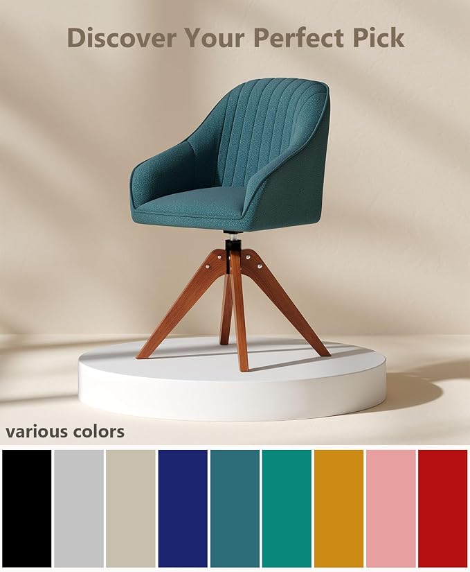 OS MOTOR Modern Swivel Accent Chair with Arms, Upholstered Desk Chair No Wheels, Mid-Century Fabric Armchair with Oak Wood Legs for Home Office, Bedroom, Vanity, Sky Blue