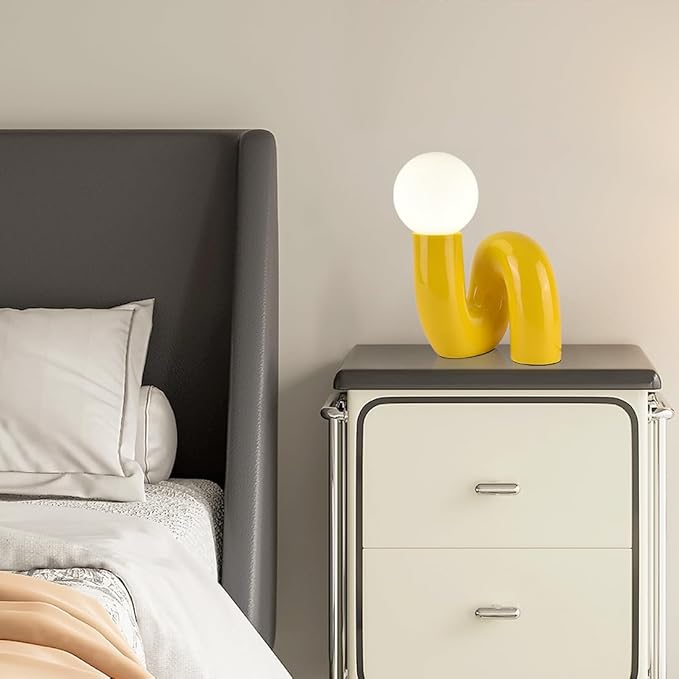 Modern Yellow Table Lamp Bauhaus Resin Table Light Aesthetics Milk White Globe Glass Light Fixtures for Bedside Bedroom Living Room Kid’s Room Corner Office
