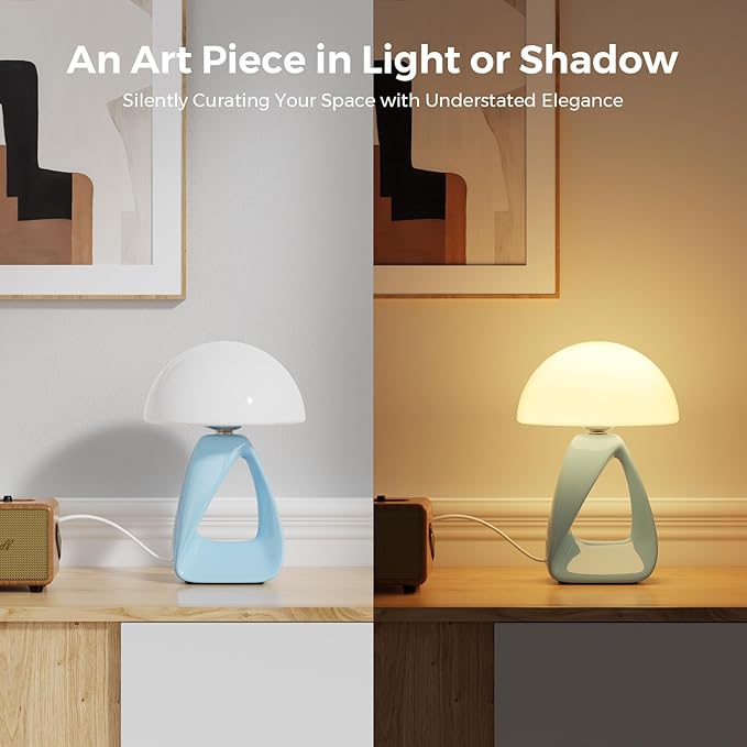 Mushroom Lamp, Small Table Lamp for Bedroom, Creative Geometric Ceramic Base Bedside Lamp, Mid Century Modern Side Table Lamp for Living Room Nightstand, Unique Aesthetic Home Decor Gift Ideas, Blue