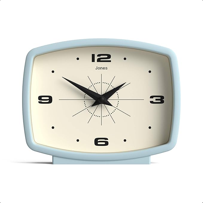 JONES CLOCKS® Film Desk Clock | Retro Rectangular Design | Pale Blue | Retro Design, Blending mid-Century Style with a Punchy Modern Finish for Shelf, Table, Mantel or Bedside