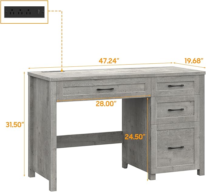 Vabches Farmhouse 47" Executive Desk with 4 Drawers, Computer Desk with File Drawer and Charging Station, Workstation for Home Office, Study.（Grey）