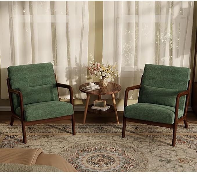 Garvee Mid-Century Chenille Accent Chair Set of 2, Cozy Reading Chair, Modern Lounge Armchair with Lumbar Pillow, Sturdy Wood Frame, for Living Room, Bedroom, Office, Green