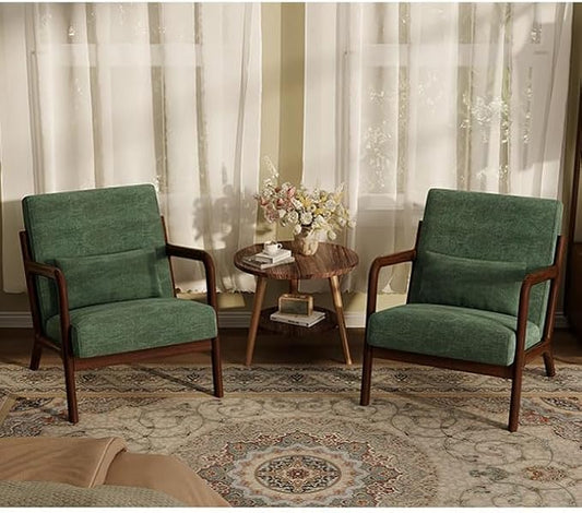 Garvee Mid-Century Chenille Accent Chair Set of 2, Cozy Reading Chair, Modern Lounge Armchair with Lumbar Pillow, Sturdy Wood Frame, for Living Room, Bedroom, Office, Green