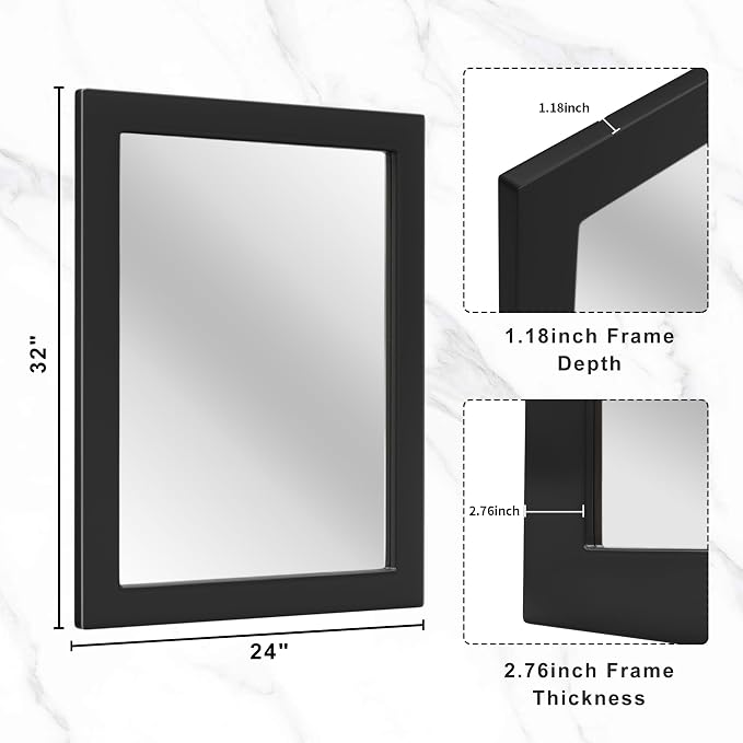 32''x24'' Rustic Wall Mirror for Bathroom Black Wood Frame, Classic Rectangle Mirror Farmhouse Vanity Wall Mirror Decor Living Room, Bedroom, Entryway