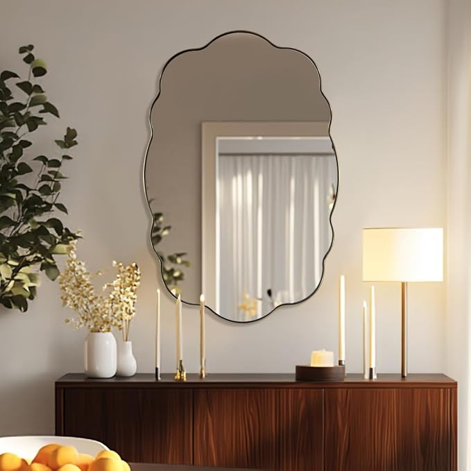 ANDY STAR Brushed Gold Oval Bathroom Mirror, 24x36 Inch Wavy Scalloped Wall Mirror, Anti-Rust Brass Metal Mirror for Bathroom Hang Vertical or Horizontal