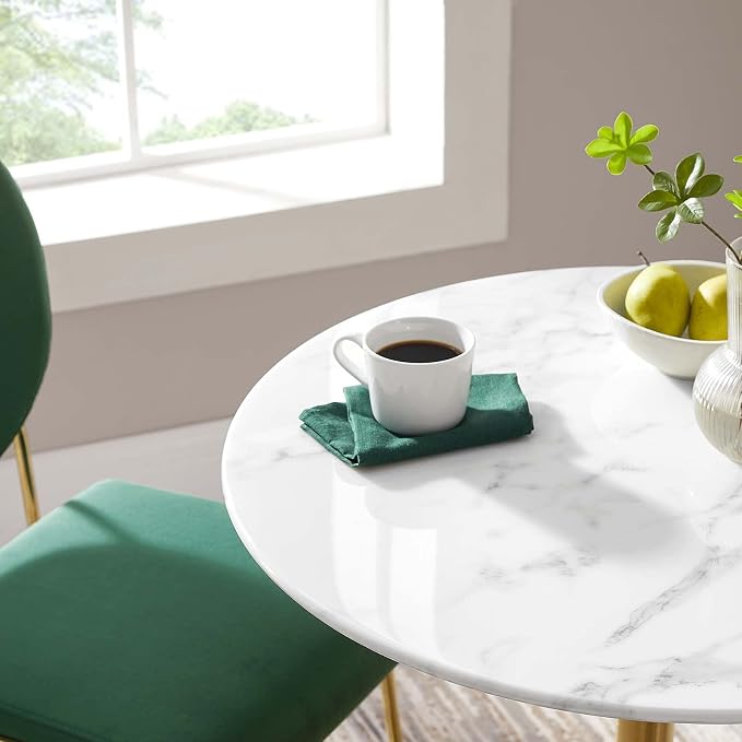 Modway Lippa 28" Mid-Century Modern Dining Table with Round Top in Gold White