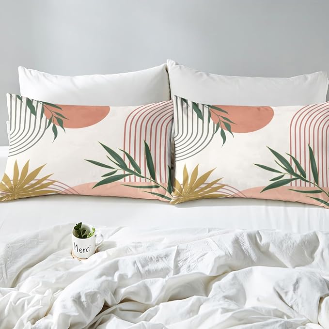 Erosebridal Geometric Leaves Comforter Cover Full for Kids Boys Girls,Abstract Modern Art Duvet Cover,Mid Century Pink Green Bedding Set,Minimalist Aesthetic Bed Set 3 Pcs Bedroom Decor