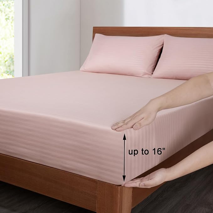 Mejoroom Striped Queen Size Sheet Set - Hotel Luxury 1800 Bedding Sheets & Pillowcases - Deep Pocket Fitted Sheet, Soft, Breathable, Wrinkle & Fade Resistant - 4 Piece (Dusty Pink)