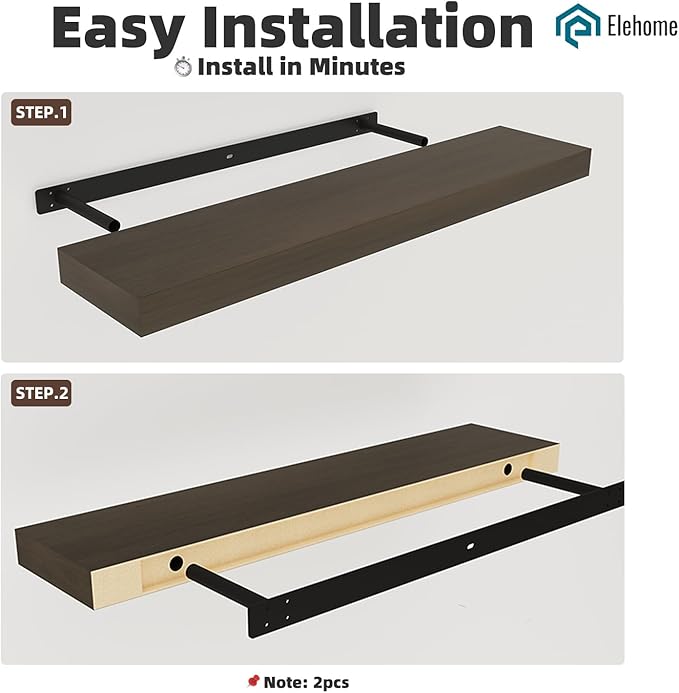 Floating Shelves Board for Wall with Brackets – 36" L x 8" W x 2" T Rich Walnut Melamine Wood Floating Shelves for Bathroom, Kitchen & Living Room Set of 2– DIY & Replacement
