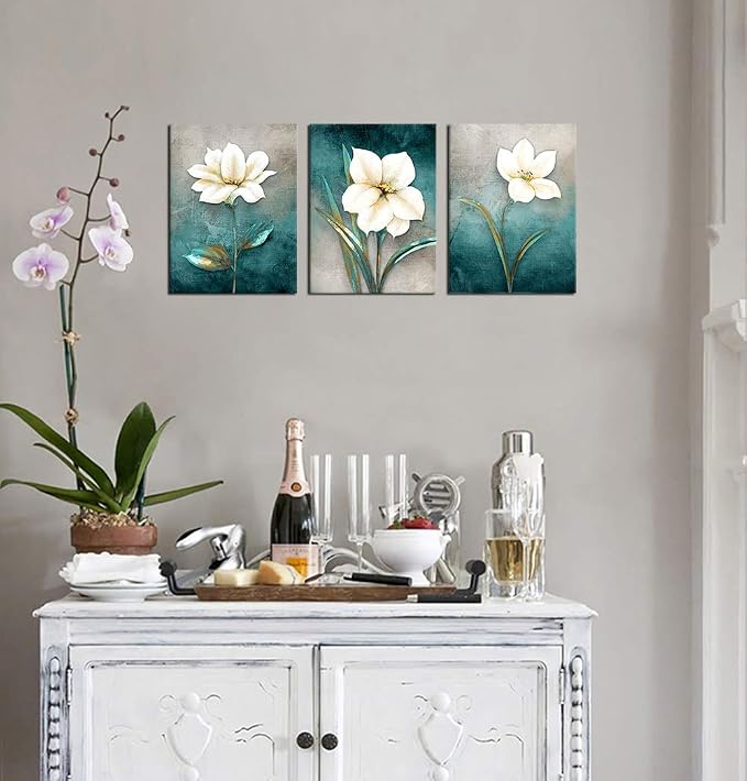 Flower Canvas Wall Art Cream White Floral Wall Decor Turquoise Tealish Grey Background Canvas Picture Modern Rustic Artwork Bathroom Bedroom Living Room Home Office Decoration 12" x 16" x 3 Pieces