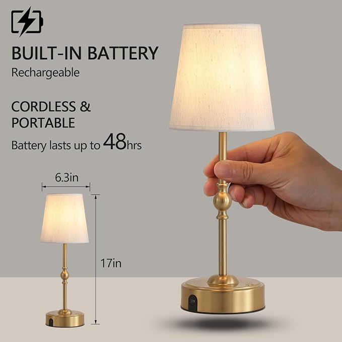 MEIXISUE Cordless Rechargeable LED Table Lamp with Dimmer,Nightstand Lamp with USB Port,Antique Brass Portables Outdoor Lamp, Battery Operated Lamp for Patio Bedroom Bedside Balcony Camping Bar RV