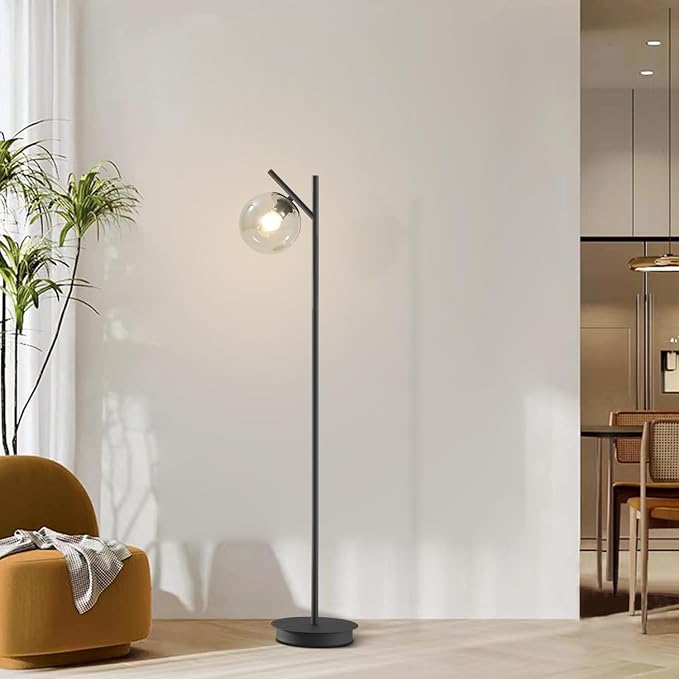 Vintage Floor Lamp for Living Room Mid Century Black Floor Freestanding Lamp Farmhouses Cognac Glass Globe Standing Tall Pole Lamp for Study Room Hotel Bedroom