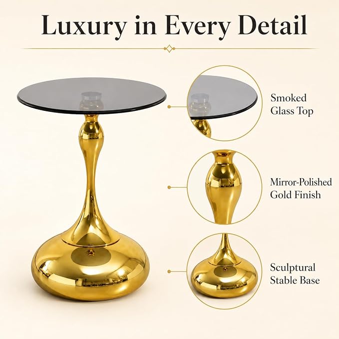 17.7 Inch Black Round Side Table for 2-4 Person, Gold Metal Pedestal Base, Small Coffee Table, End Table, Cocktail Table, Living Room, Bedroom, Office, Bistro, Modern Small Space