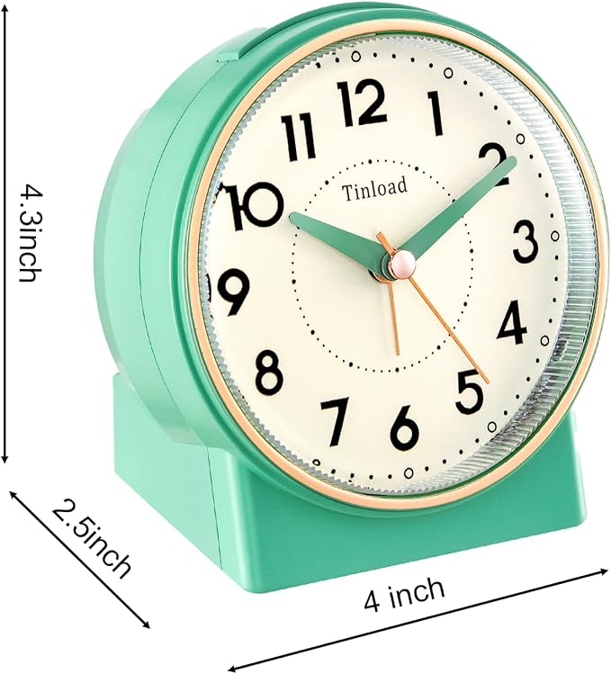 Tinload 4.3" Retro Analog Alarm Clock, Vintage Decor, No Ticking Silent, Easy to Set, Gradual Rise Alarm, On/Off Switch on Side, Gentle Wake, Snooze, Lighted on Demand, Battery Operated, Retro Green