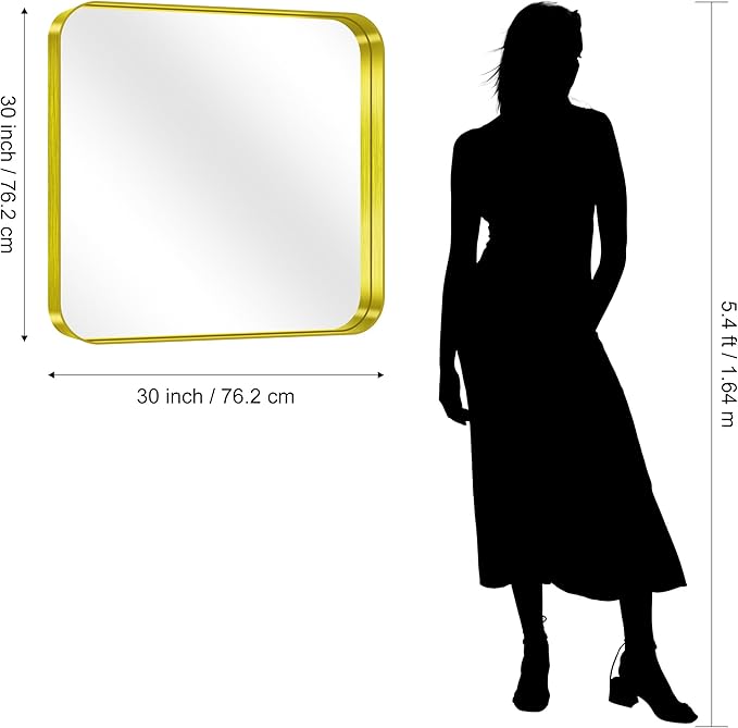 CIRCUMI Gold Bathroom Mirror, 30"x30" Rectangular Mirror with Deep Metal Frame, Rounded Corner, Tempered Glass, Square Mirror for Wall, Oversink, Bedroom, Living Room, Vanity, Entryway, Crystal-Clear