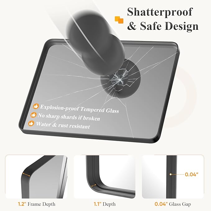 NEWBULIG 20X28 Inch Bathroom Mirror for Over Sink, Wall Vanity Mirrors Tempered Glass, Anti-Rust Metal Framed Rounded Rectangle, Hangs Horizontally or Vertically, Farmhouse Home Decor, Black