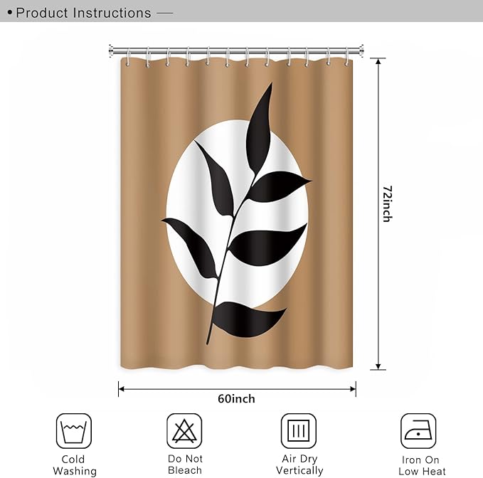 Abstract Bohemian Bathroom Shower Curtain - White Circle Eucalyptus Leaves Boho Tan With Hooks, Waterproof Polyester for Modern Aesthetics Home Decor, 60x72 Inch