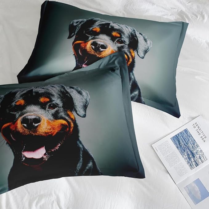 Comforter Set with Pillowcase Twin Size, Cute Happy Grey Rottweiler Dog, Bed Decor Black Arctic Animal for Kids and Adults, Soft Cozy Bedroom Bedding Set