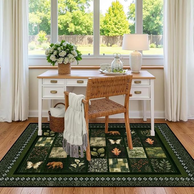 6'x9' Vintage Green Botanical Area Rug Non-Slip Washable Nature Patchwork Carpet Boho Floor Mat Rugs for Bedroom Living Room Nursery Kitchen Playroom Home Decor