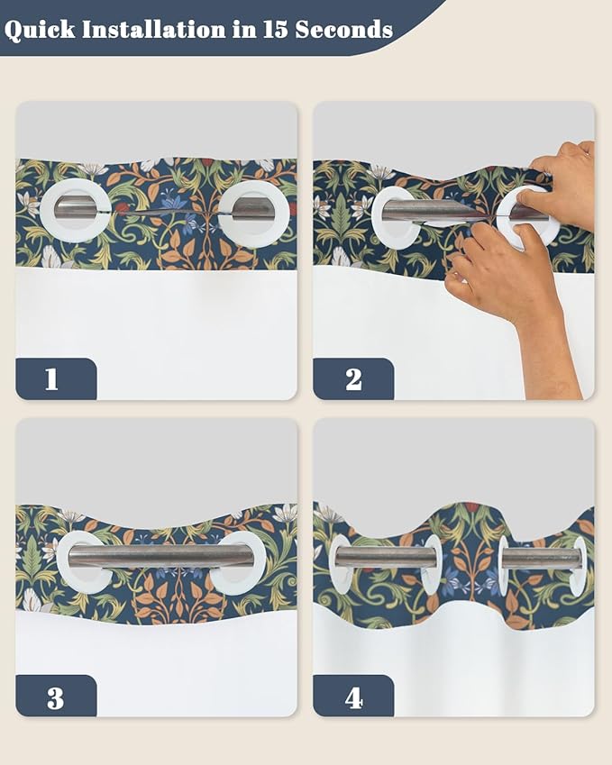 No Hook Shower Curtain and Snap in Liner Set - Vintage William Morris Floral Botanical Pattern Shower Curtains for Modern Farmhouse Bathroom, Mesh Top Waterproof Bath Curtain, 71Wx74H