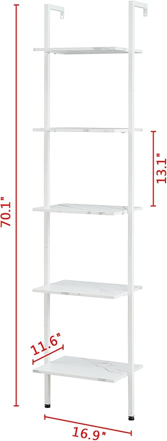 Tajsoon Ladder Shelf, White 5-Tier Wood Wall Mounted Bookcase with Metal Frame, Modern Open Display Rack, Storage Shelves for Bedroom, Home Office, Living Room