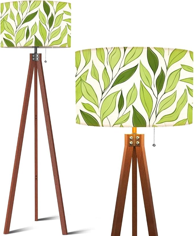 Wood Tripod Floor Lamp Green leaves seamless pattern Watercolor tea leaf textured jungle Mid Century Standing Lamp Linen Shade Dimmable Modern Tall lamp Home Decor for Living Room Bedroom Office