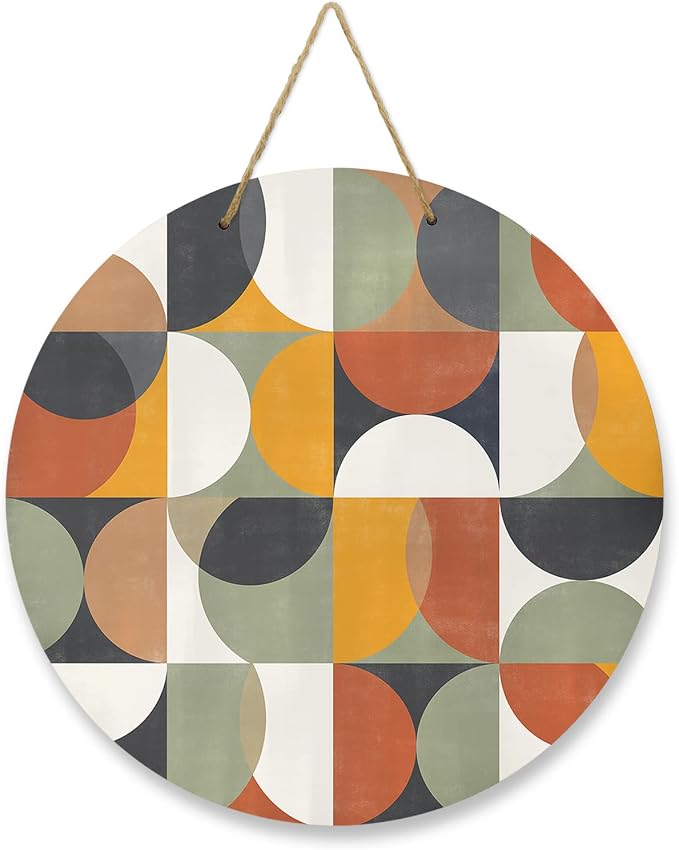 Welcome Sign for Front Door Mid Century Geometric Wood Door Hanger for Outdoor Outside Porch,12 Inch Round Wooden Wreath Indoor Wall Hanging Decoration, Abstract Modern Retro