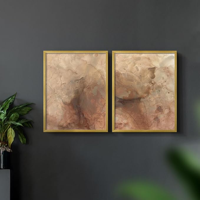 Renditions Gallery Set of 2 Peel & Stick Framed Prints, Abstract Wall Art, Brown Textured Marble Design Re-Stickable - Ready to Hang - 22"x28" - GOLD Frame LT588