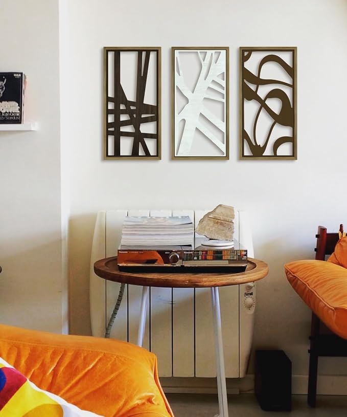 Putuo Decor 3PC Geometric Abstract Art Wall Decor Set, Modern Minimalist Line Cut Wall Art for Living Room, Brown and White Wooden Frame Abstract Wall Decor for Bedroom and Home Decoration