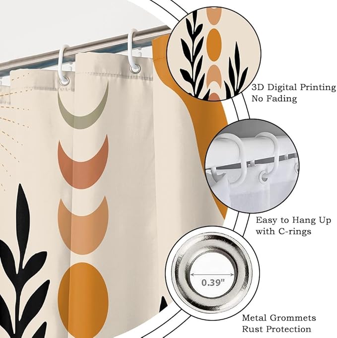 Mid Century Boho Shower Curtain for Bathroom Black Leaves Orange Sun Moons Bathtub Curtains Modern Bohemian Abstract Bathroom Decor Set Washable Waterproof Polyester Fabric with Hooks 48x72 Inch