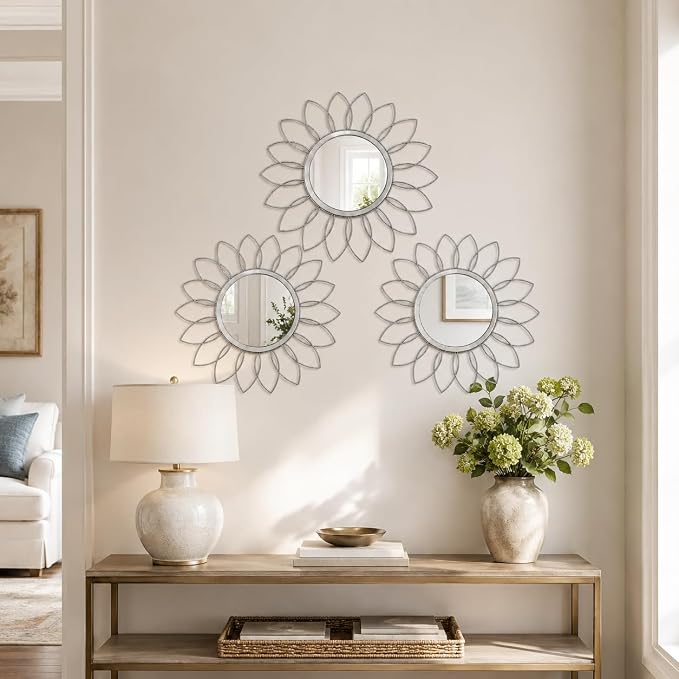 Silver Flower Mirror Set of 3, 3PCS Metal Round Decorative Wall Mirrors, Floral Petal Accent Mirror Wall Decor for Bathroom, Living Room, Bedroom & Entryway