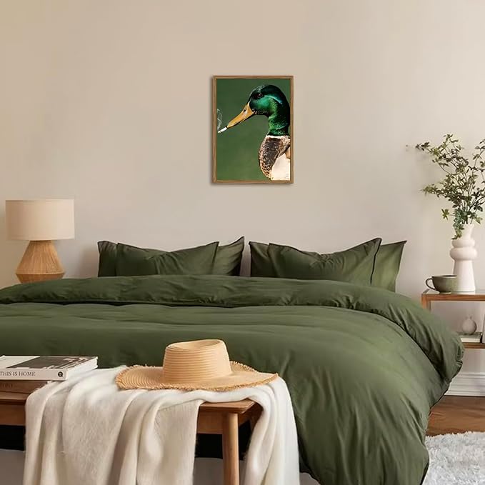 Funny Mallard Duck Wall Art Vintage Cottagecore Duck Wall Decor Painting, Whimsical Animal Poster Canvas Print Picture for Living Room Bedroom 16x24 inch Wood Framed