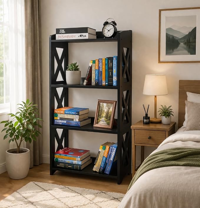 Black Bookcase by Natural Wood, 4 Tier Bookshelf, Small Book Shelves Freestanding Display Storage Shelves. Open Bookshelf for Bedroom, Living Room and Office (Black, 4 Tier)